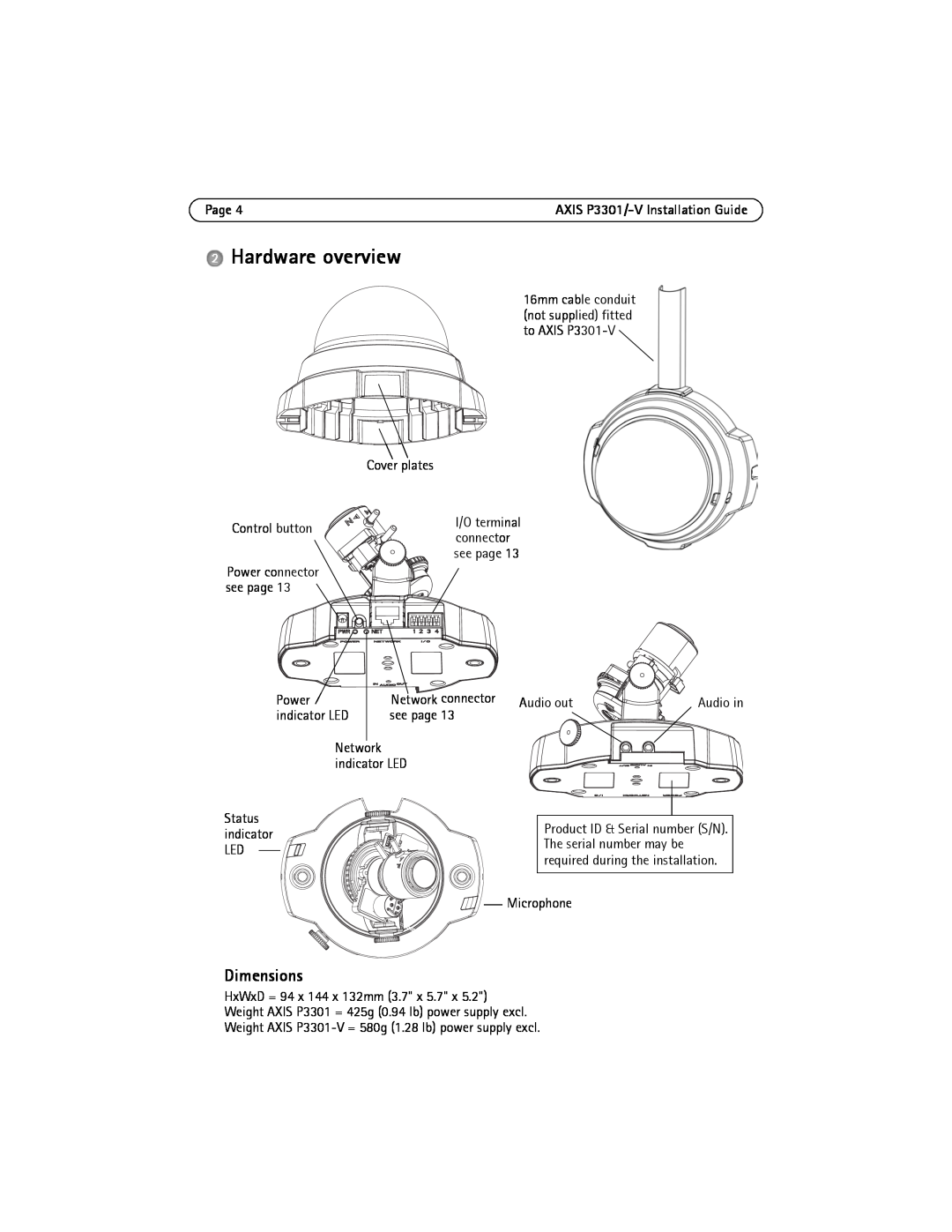 Axis Communications AXIS P3301-V manual Hardware overview, Dimensions, Page 