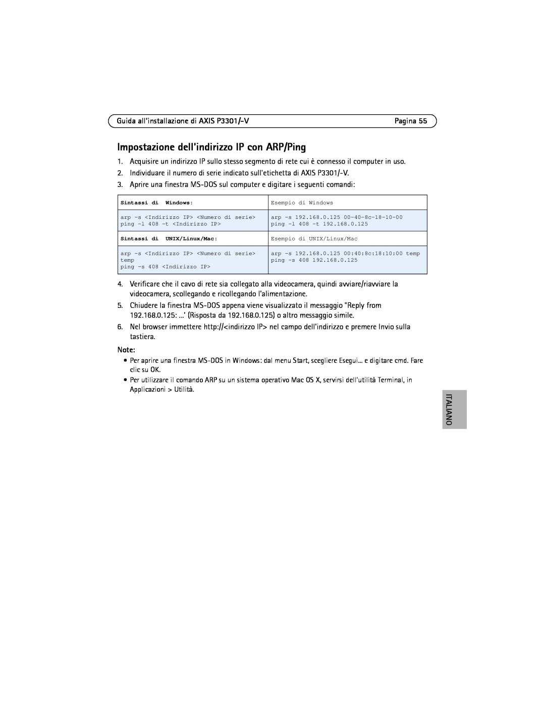 Axis Communications manual Impostazione dellindirizzo IP con ARP/Ping, Guida allinstallazione di AXIS P3301/-V, Italiano 