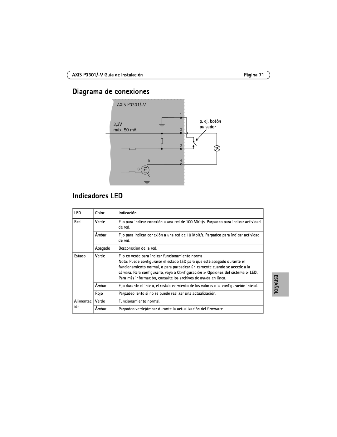 Axis Communications manual Diagrama de conexiones, Indicadores LED, AXIS P3301/-V Guia de instalación, Color, Indicación 