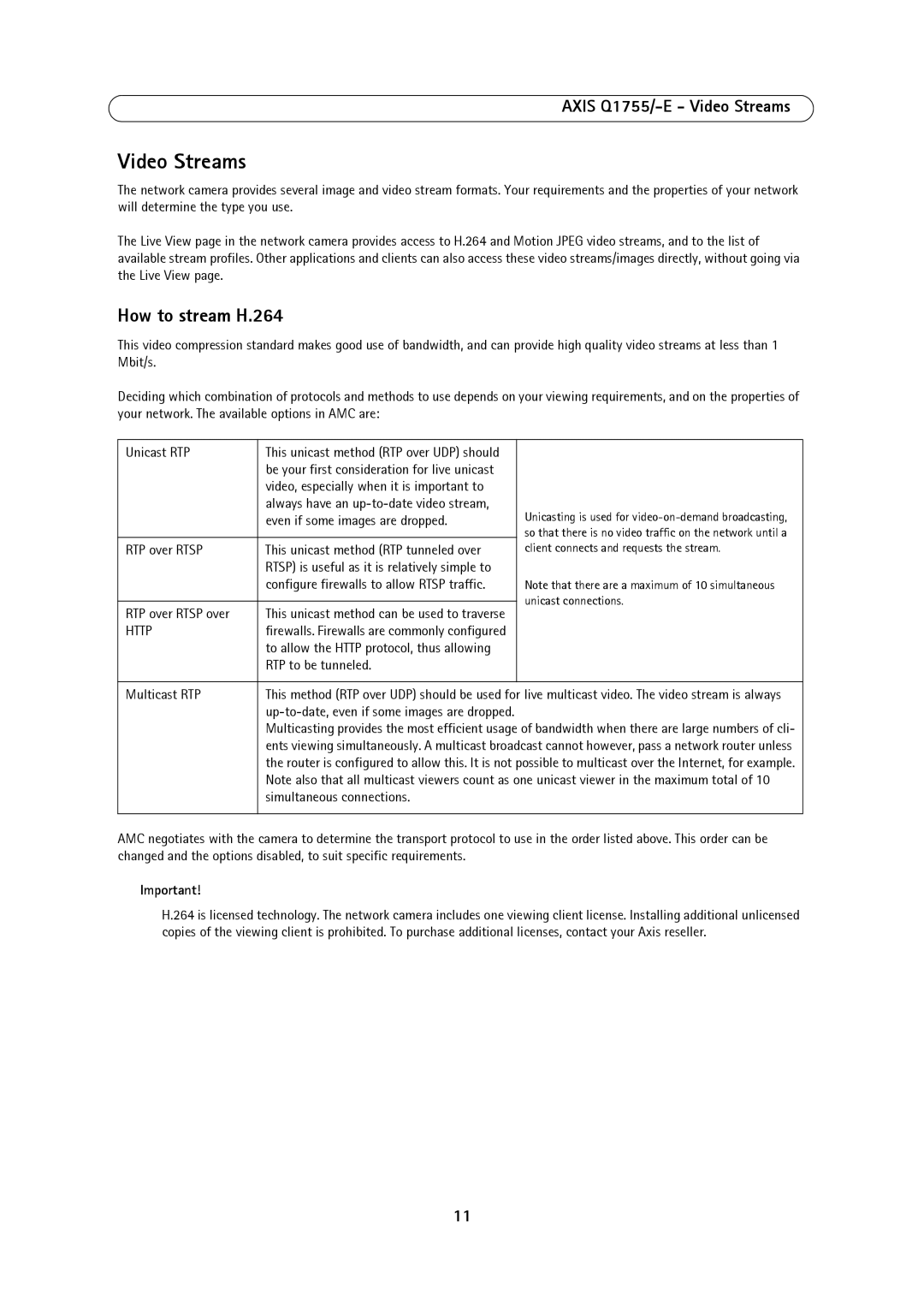 Axis Communications AXIS Q1755-E user manual How to stream H.264, Axis Q1755/-E Video Streams 