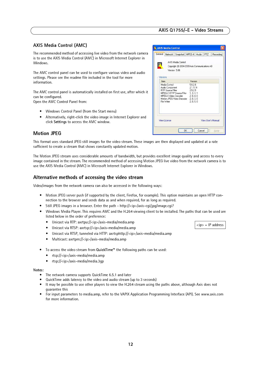 Axis Communications AXIS Q1755-E user manual Motion Jpeg, Alternative methods of accessing the video stream 