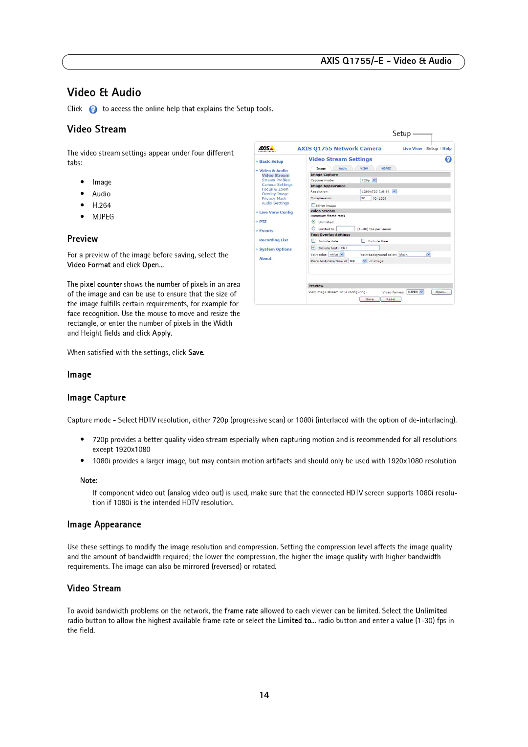 Axis Communications AXIS Q1755-E user manual Video & Audio, Video Stream 