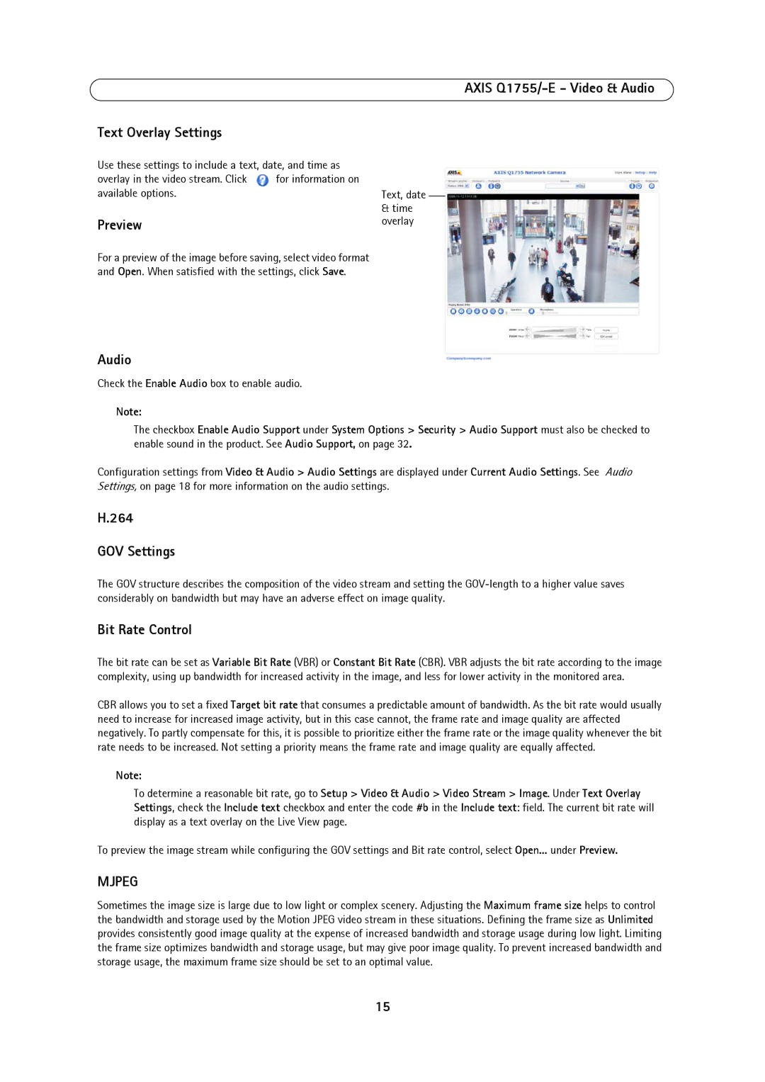 Axis Communications AXIS Q1755-E Axis Q1755/-E Video & Audio Text Overlay Settings, GOV Settings, Bit Rate Control 