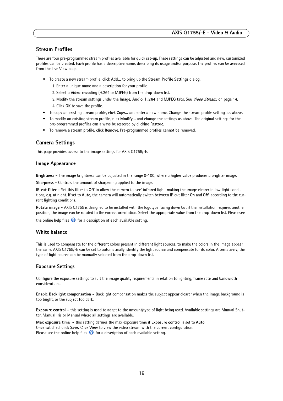 Axis Communications AXIS Q1755-E user manual Stream Profiles, Camera Settings, White balance, Exposure Settings 