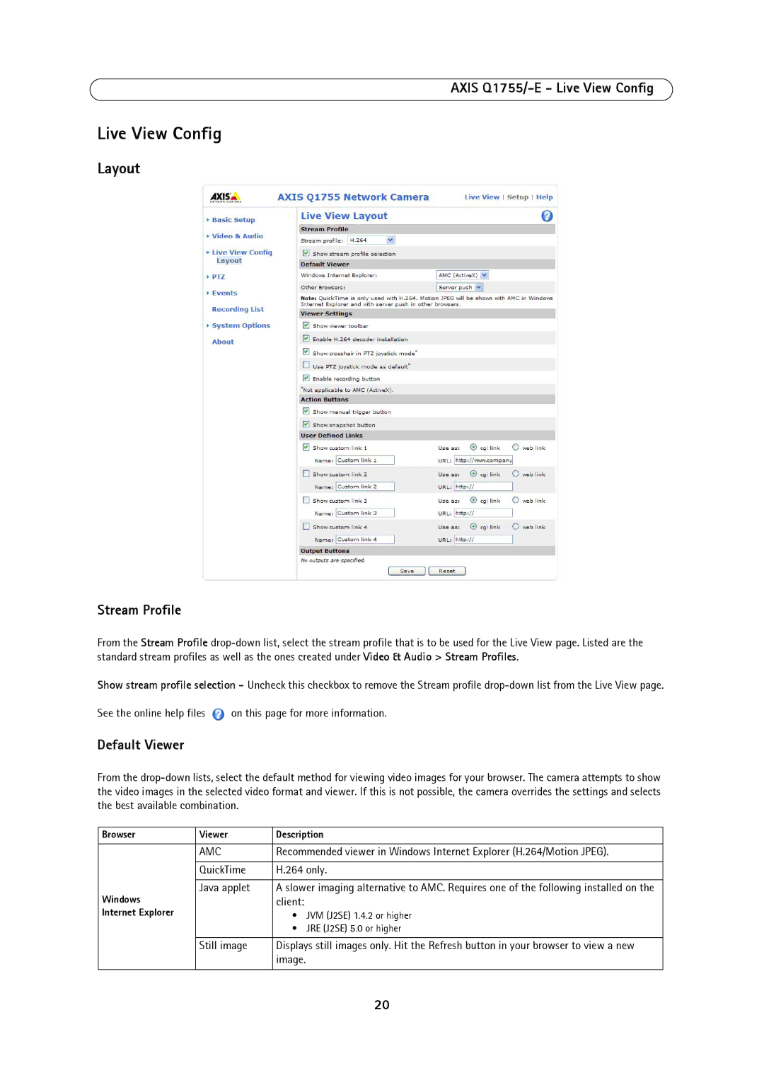 Axis Communications AXIS Q1755-E user manual Layout, Axis Q1755/-E Live View Config, Stream Profile, Default Viewer 