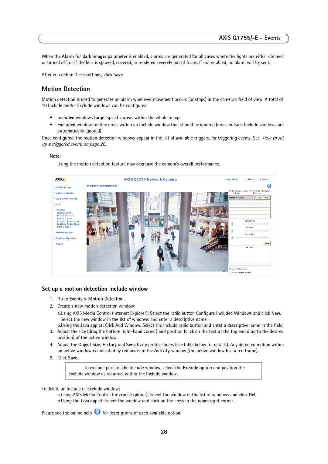 Axis Communications AXIS Q1755-E user manual Set up a motion detection include window, Go to Events Motion Detection 