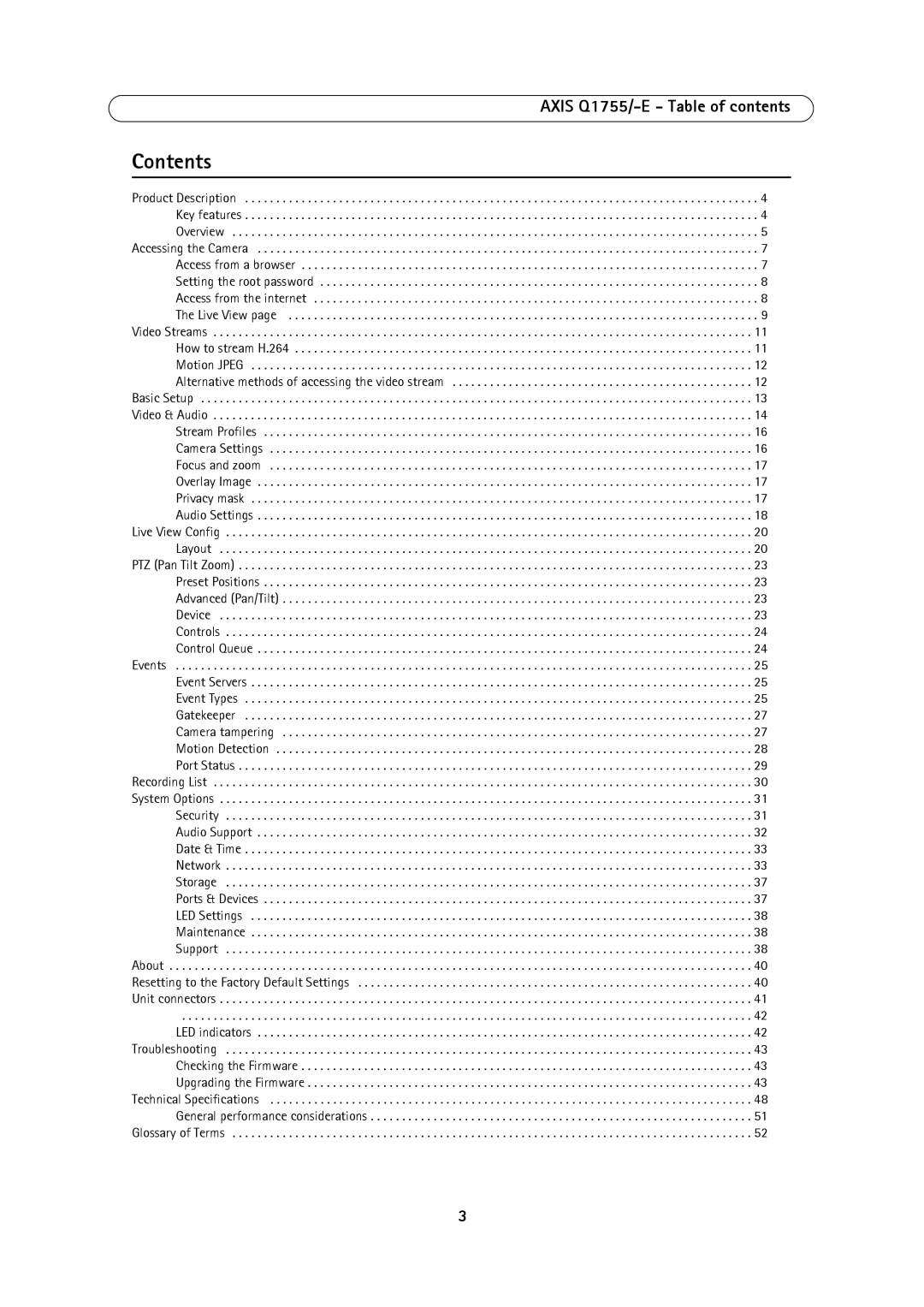 Axis Communications AXIS Q1755-E user manual Axis Q1755/-E Table of contents Contents 