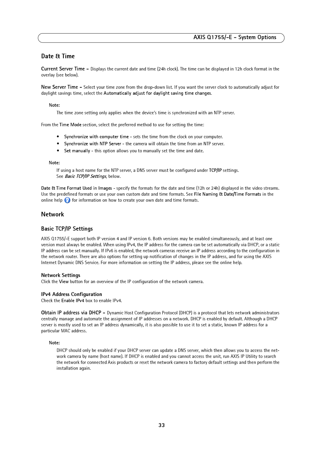 Axis Communications AXIS Q1755-E Date & Time, Basic TCP/IP Settings, Network Settings, IPv4 Address Configuration 