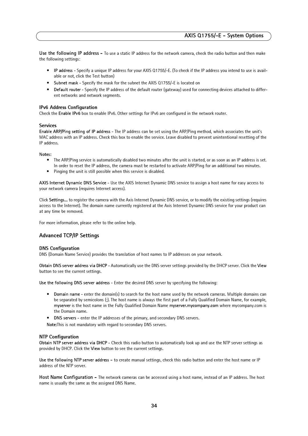 Axis Communications AXIS Q1755 Advanced TCP/IP Settings, IPv6 Address Configuration, Services, DNS Configuration 