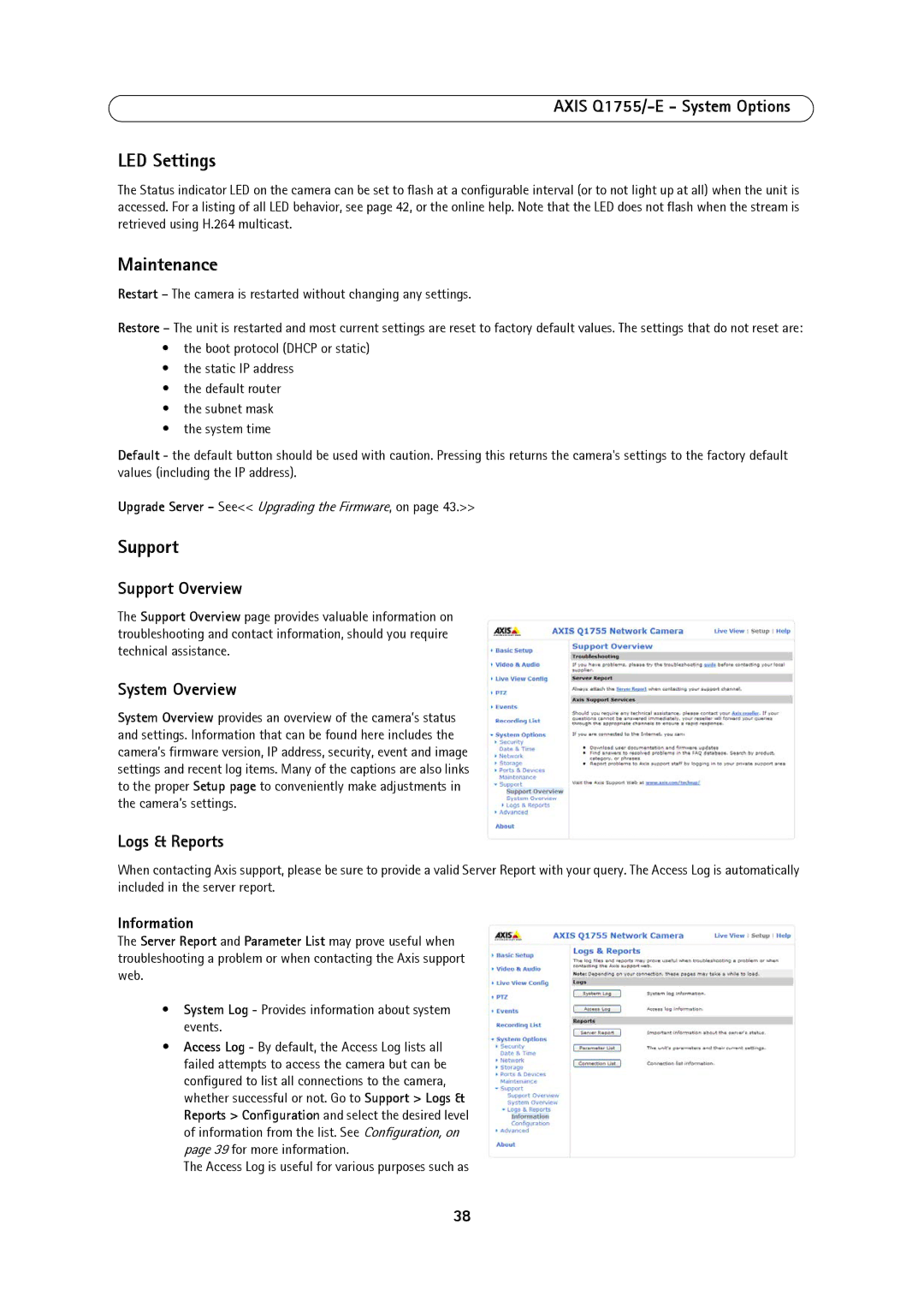 Axis Communications AXIS Q1755-E user manual LED Settings, Maintenance, Support 