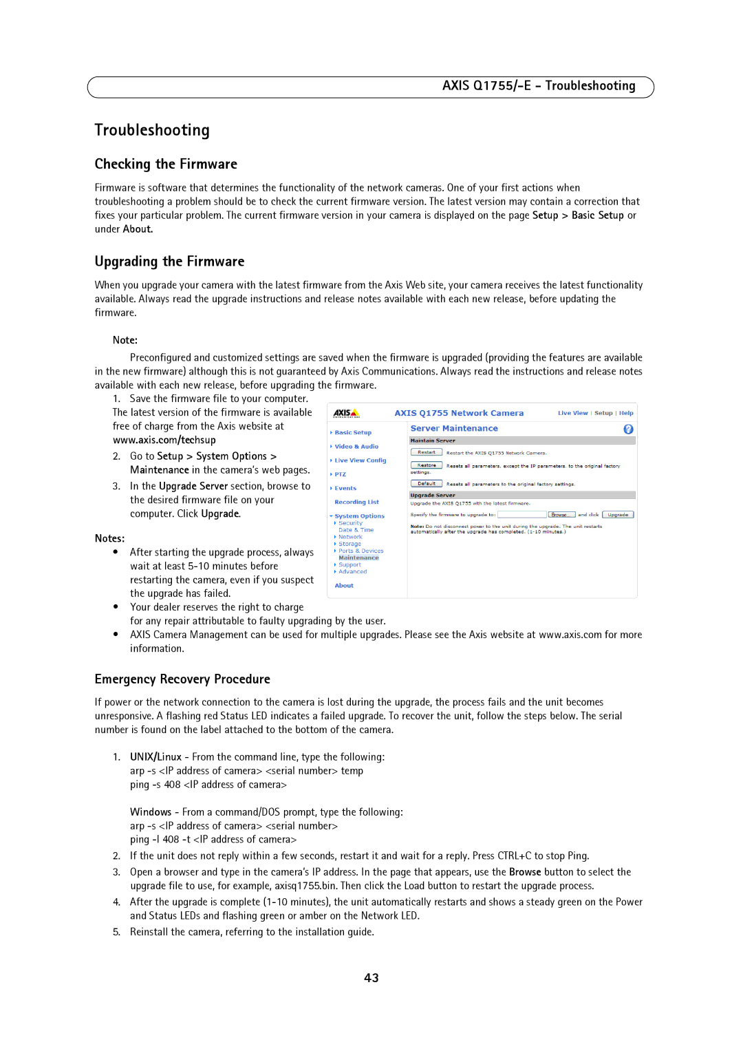 Axis Communications AXIS Q1755-E user manual Troubleshooting, Checking the Firmware, Upgrading the Firmware 