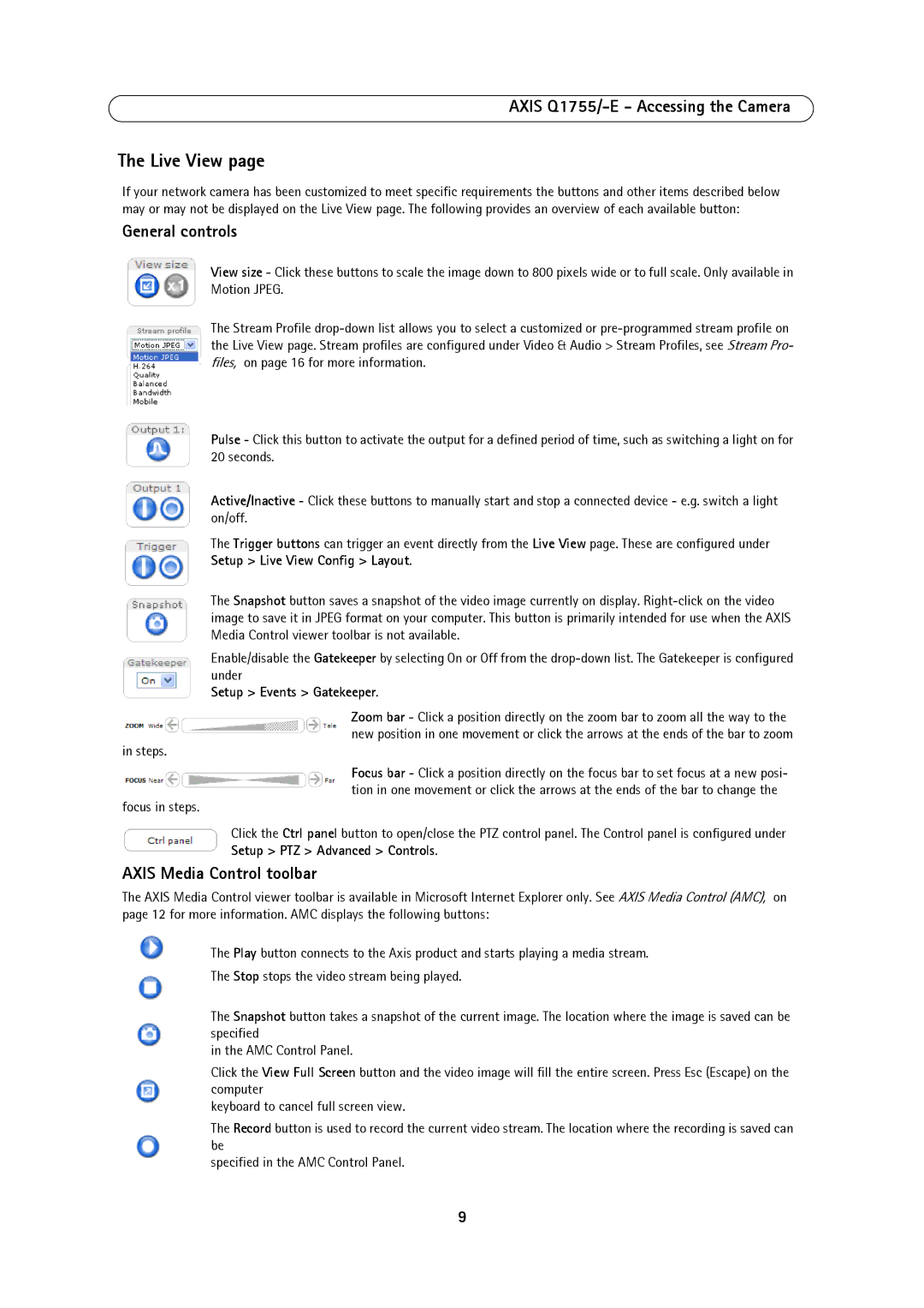 Axis Communications AXIS Q1755-E Live View, General controls, Axis Media Control toolbar, Setup Events Gatekeeper, Steps 