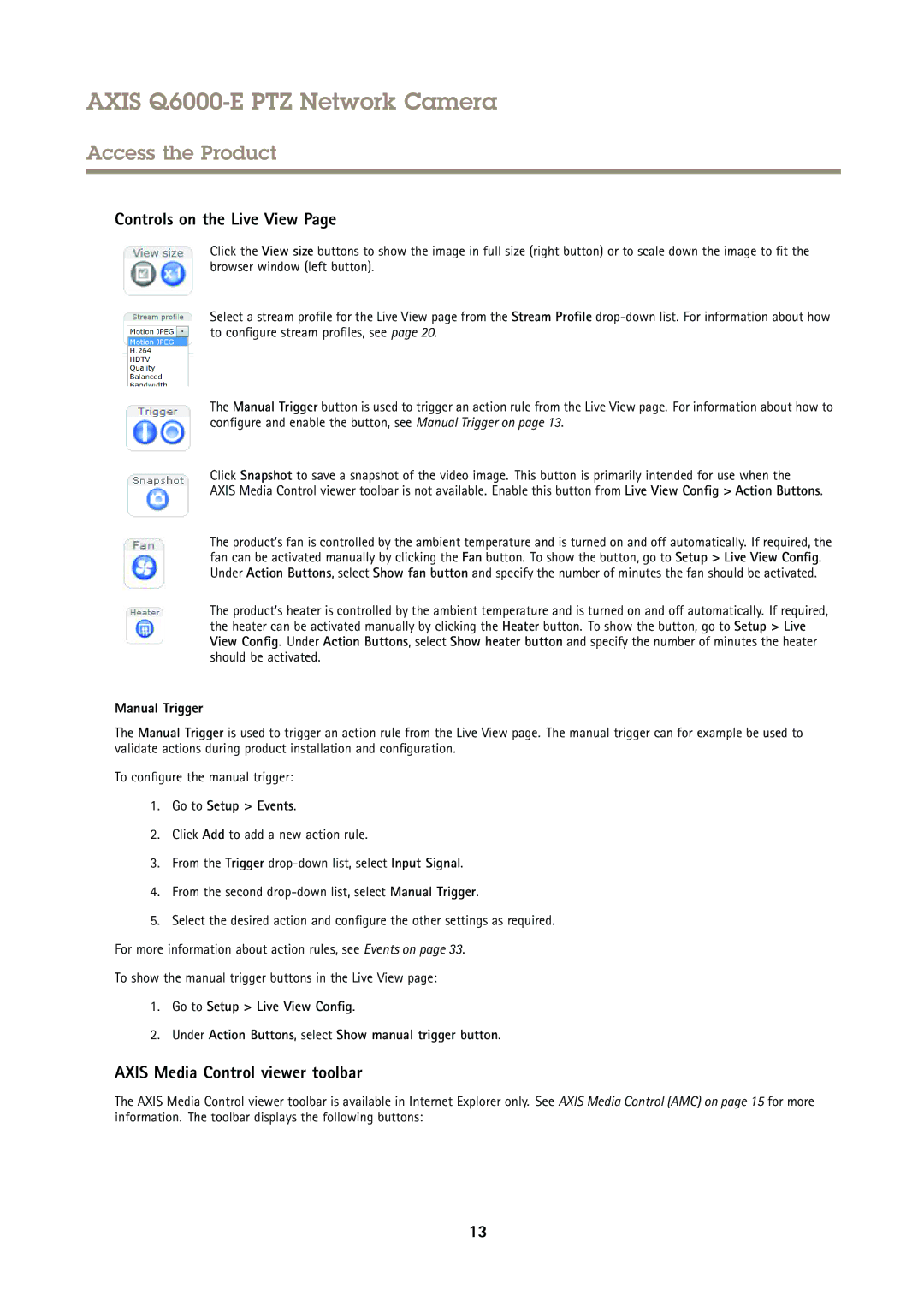 Axis Communications AXIS Q6000-E user manual Controls on the Live View, Axis Media Control viewer toolbar, Manual Trigger 