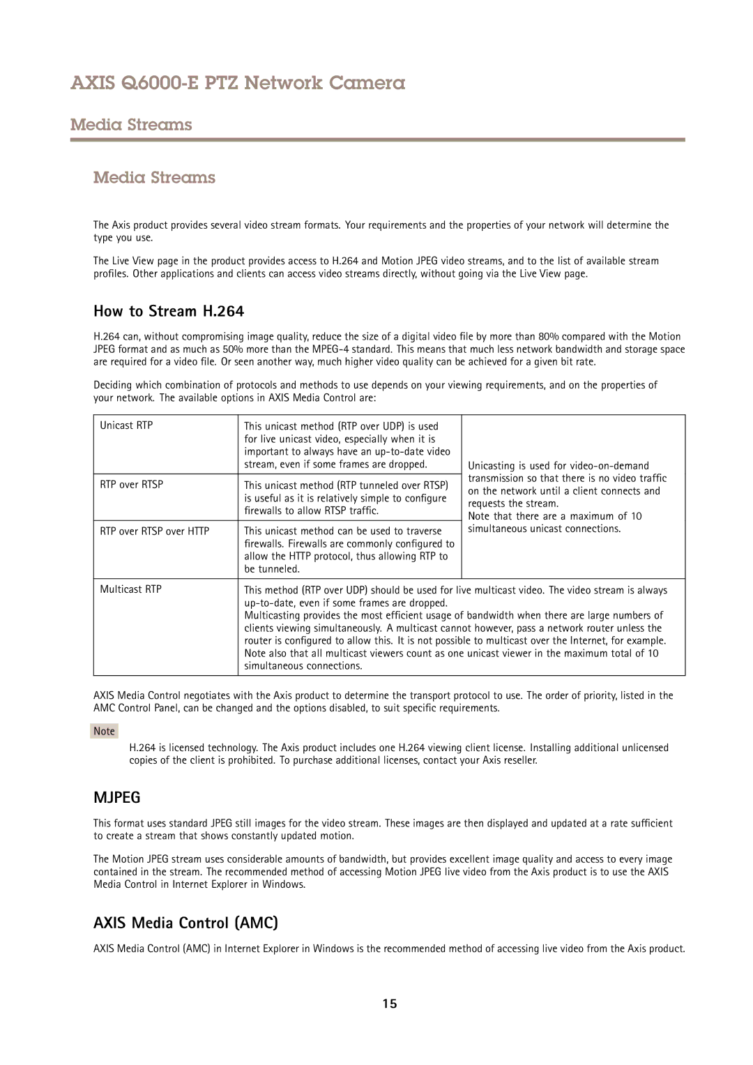 Axis Communications AXIS Q6000-E user manual Media Streams, How to Stream H.264, Axis Media Control AMC 