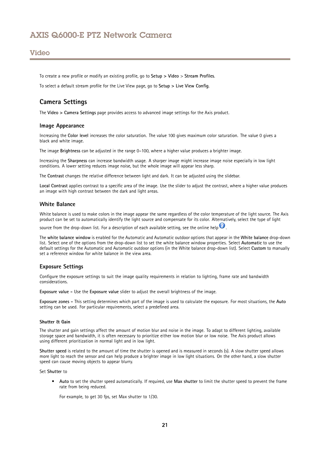 Axis Communications AXIS Q6000-E user manual Camera Settings, Image Appearance, White Balance, Exposure Settings 