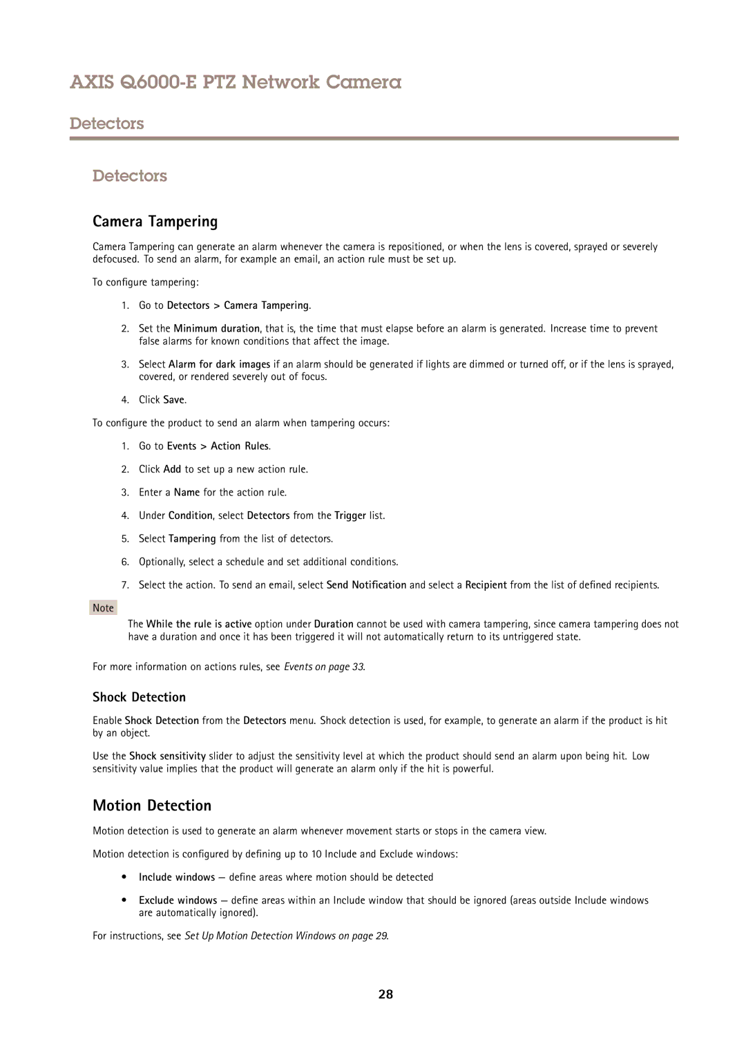 Axis Communications AXIS Q6000-E user manual Detectors, Camera Tampering, Motion Detection, Shock Detection 