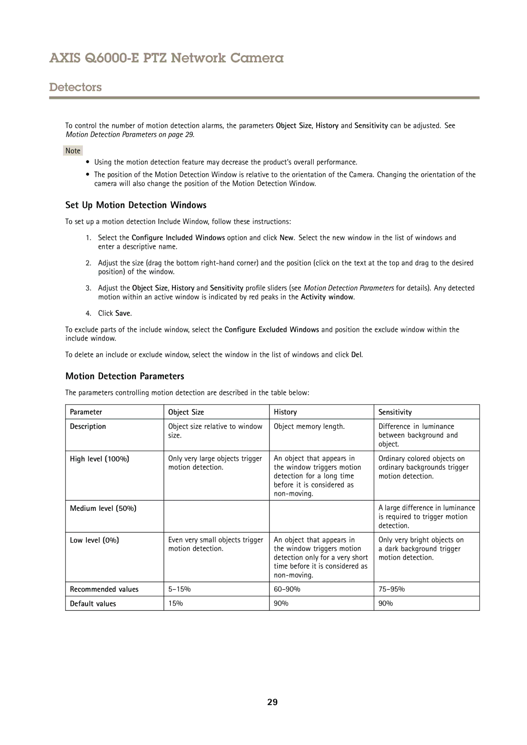 Axis Communications AXIS Q6000-E user manual Set Up Motion Detection Windows, Motion Detection Parameters 