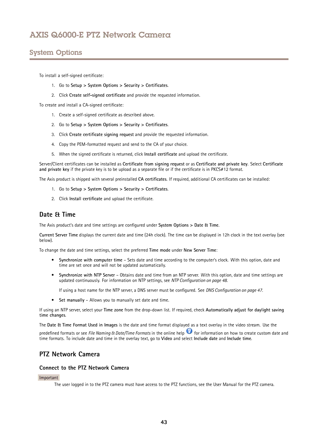Axis Communications AXIS Q6000-E user manual Date & Time, PTZ Network Camera, To install a self-signed certificate 