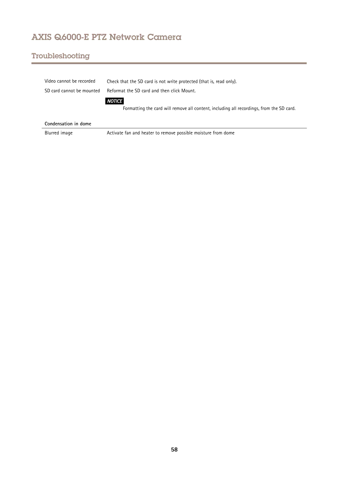 Axis Communications AXIS Q6000-E user manual Reformat the SD card and then click Mount, Condensation in dome, Blurred image 