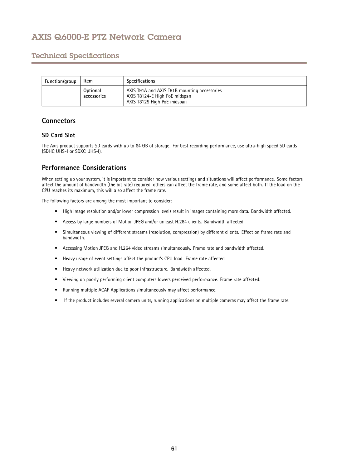 Axis Communications AXIS Q6000-E user manual Connectors, Performance Considerations 