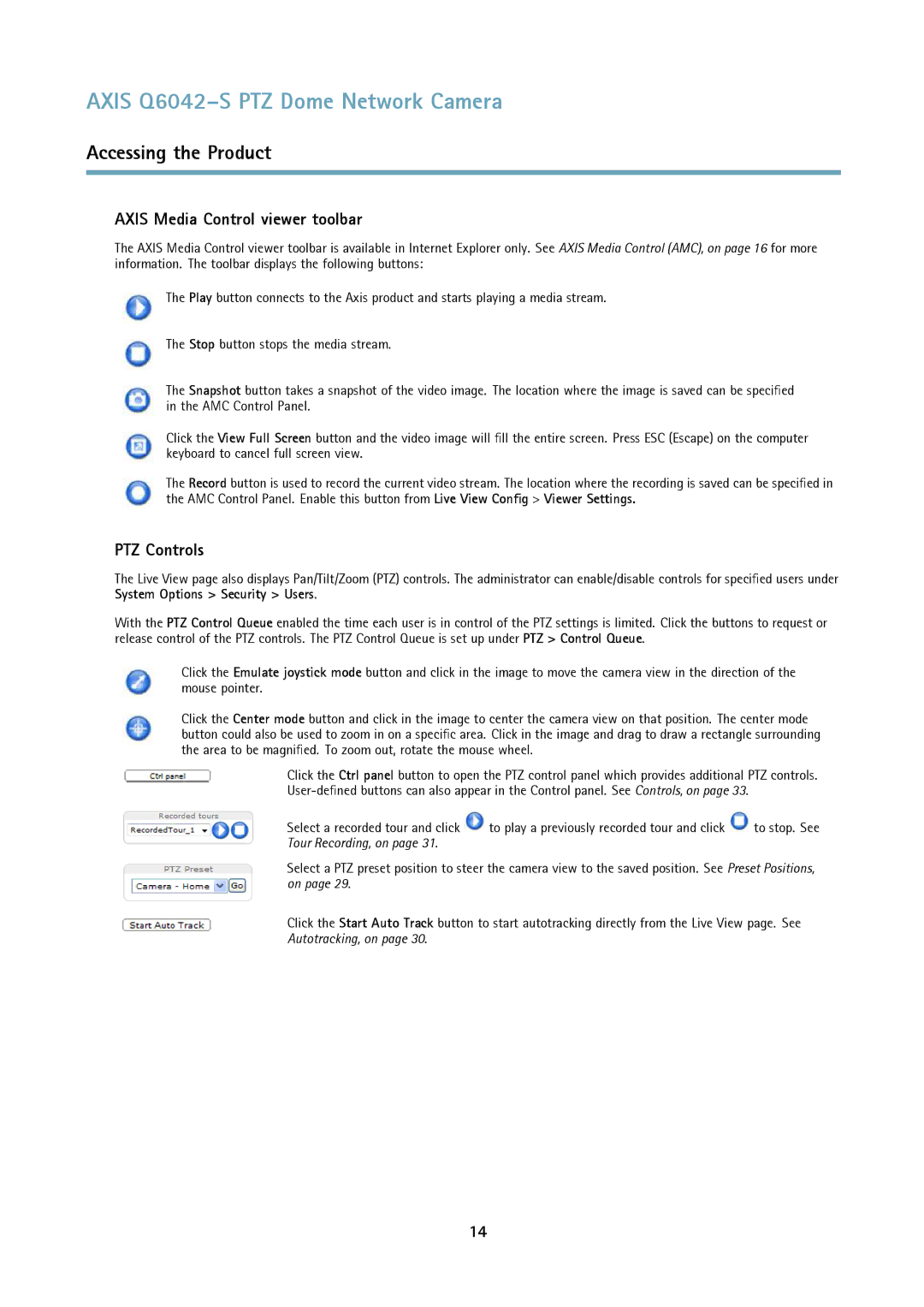 Axis Communications axis q6042s ptz dome network camera user manual Axis Media Control viewer toolbar, PTZ Controls 
