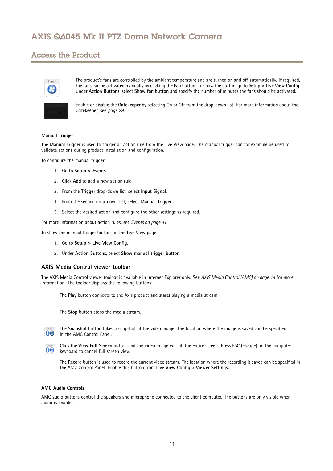 Axis Communications AXIS Q6045 Mk II PTZ user manual Axis Media Control viewer toolbar, Manual Trigger, Go to Setup Events 