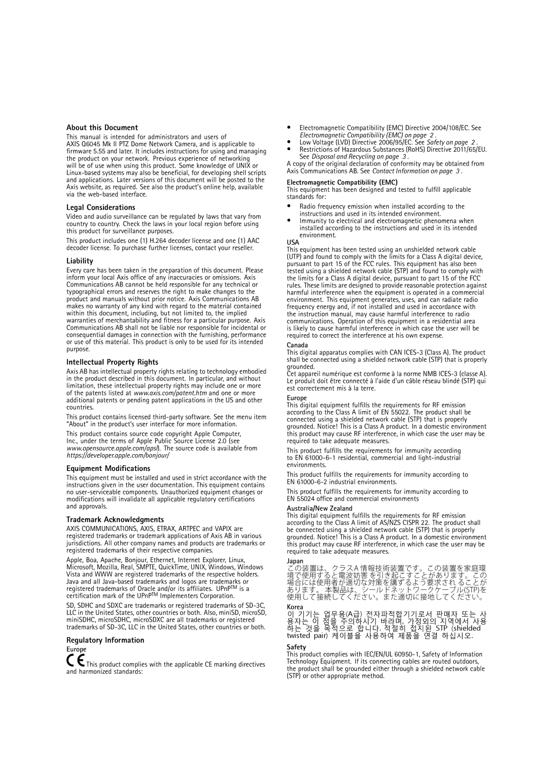 Axis Communications AXIS Q6045 Mk II PTZ About this Document, Legal Considerations, Liability, Equipment Modifications 