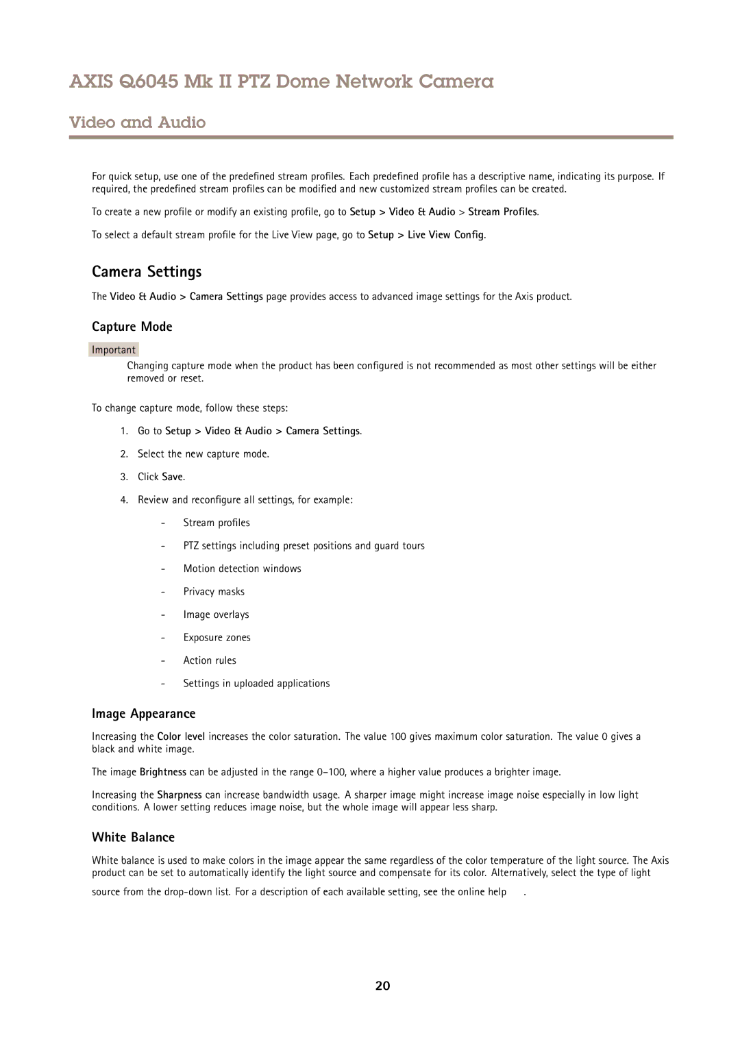 Axis Communications AXIS Q6045 Mk II PTZ user manual Camera Settings, Capture Mode, Image Appearance, White Balance 