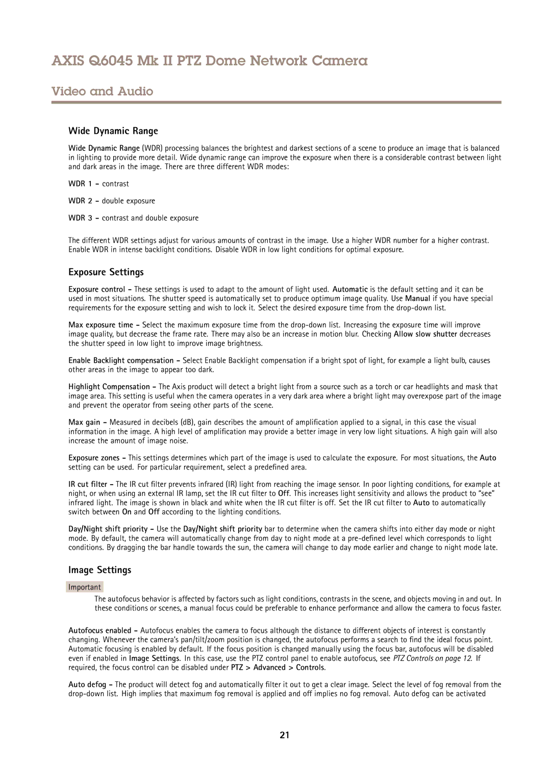 Axis Communications AXIS Q6045 Mk II PTZ user manual Wide Dynamic Range, Exposure Settings, Image Settings, WDR 1 contrast 