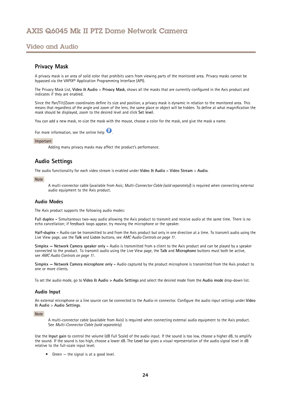 Axis Communications AXIS Q6045 Mk II PTZ user manual Privacy Mask, Audio Settings, Audio Modes, Audio Input 