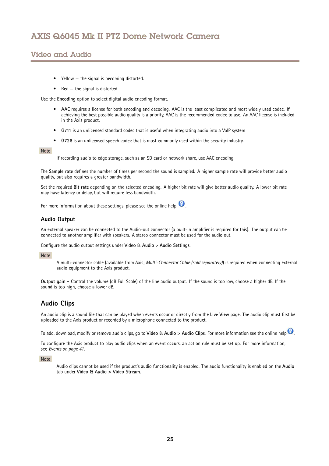 Axis Communications AXIS Q6045 Mk II PTZ user manual Audio Clips, Audio Output 