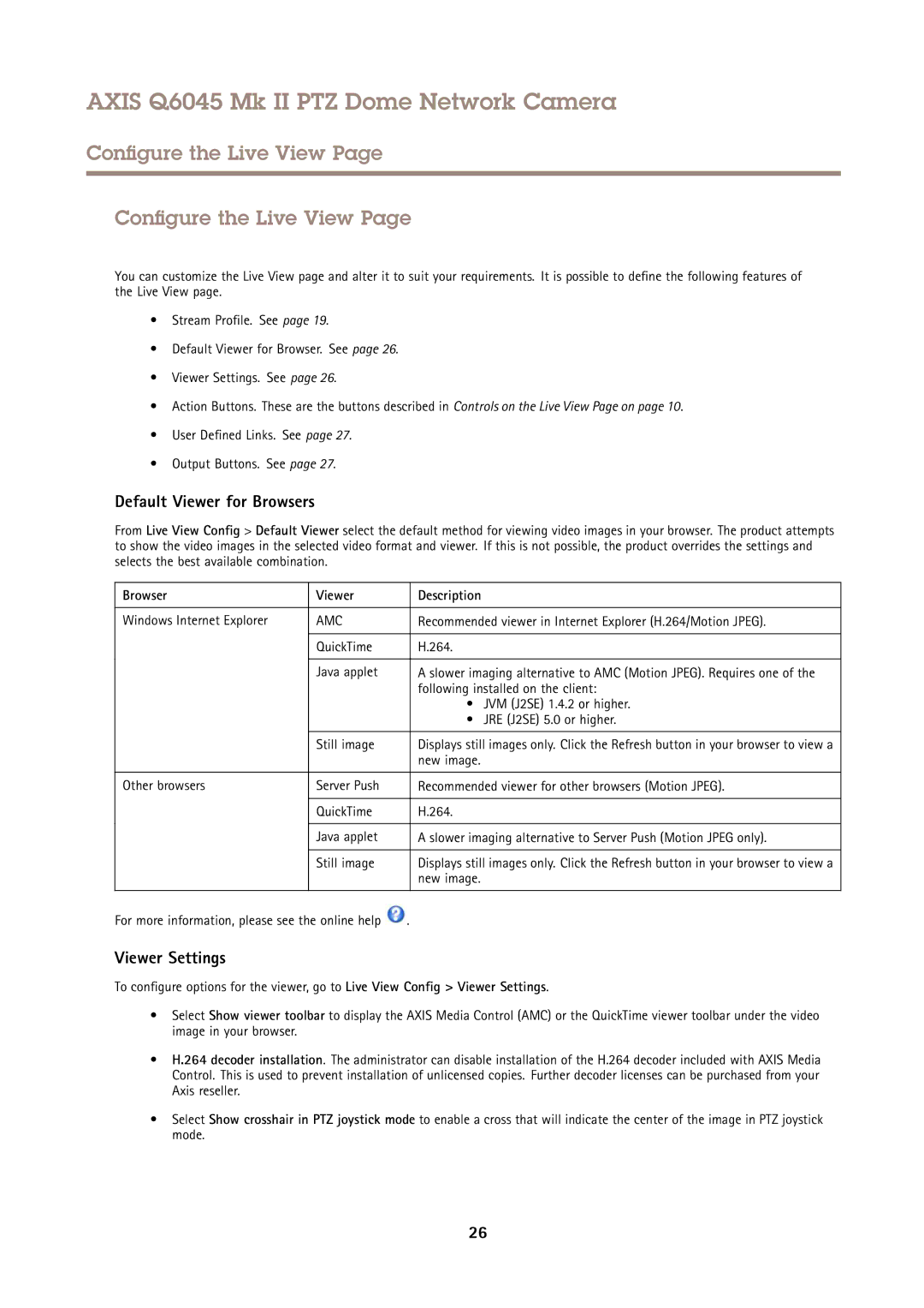 Axis Communications AXIS Q6045 Mk II PTZ user manual Configure the Live View, Default Viewer for Browsers, Viewer Settings 