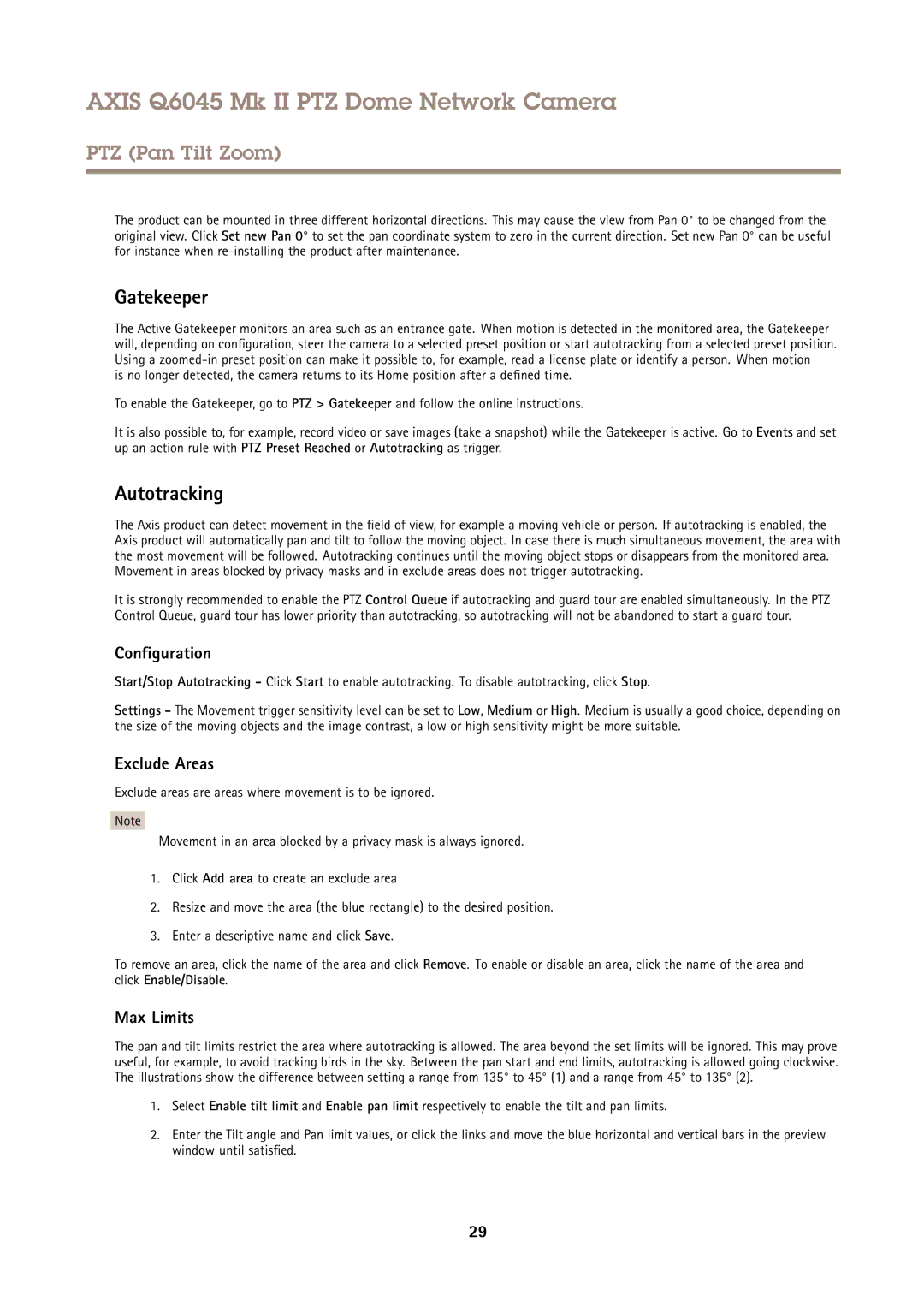 Axis Communications AXIS Q6045 Mk II PTZ user manual Gatekeeper, Autotracking, Configuration, Exclude Areas, Max Limits 