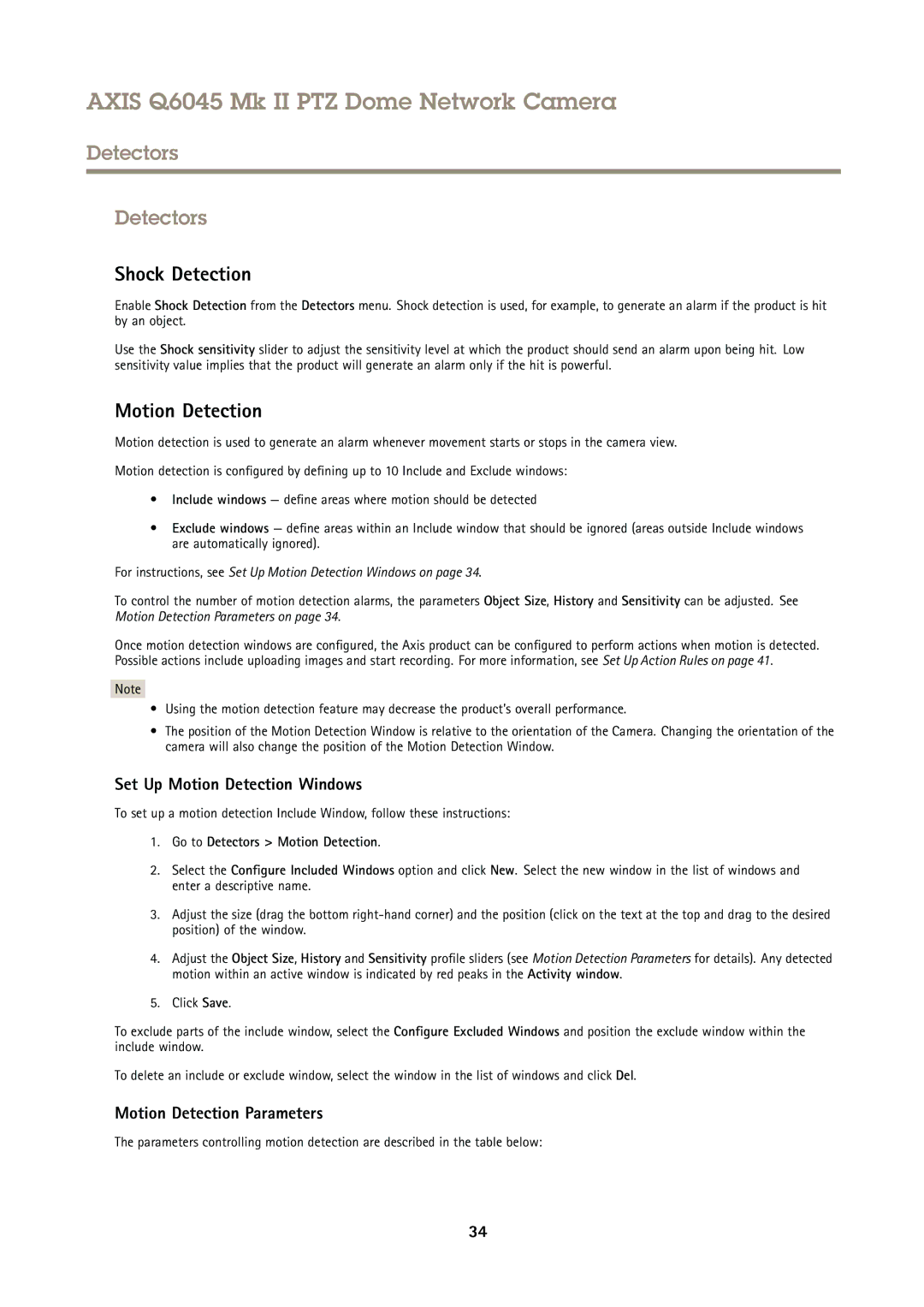 Axis Communications AXIS Q6045 Mk II PTZ user manual Detectors, Shock Detection, Set Up Motion Detection Windows 