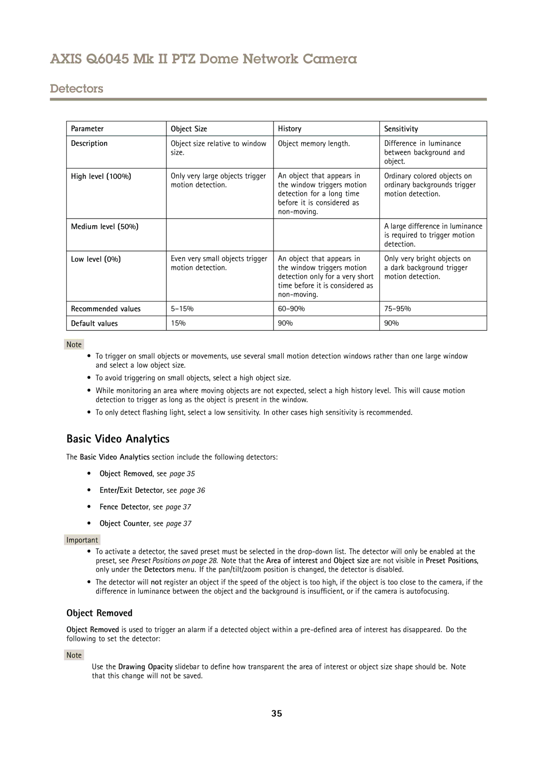 Axis Communications AXIS Q6045 Mk II PTZ user manual Basic Video Analytics, Object Removed 