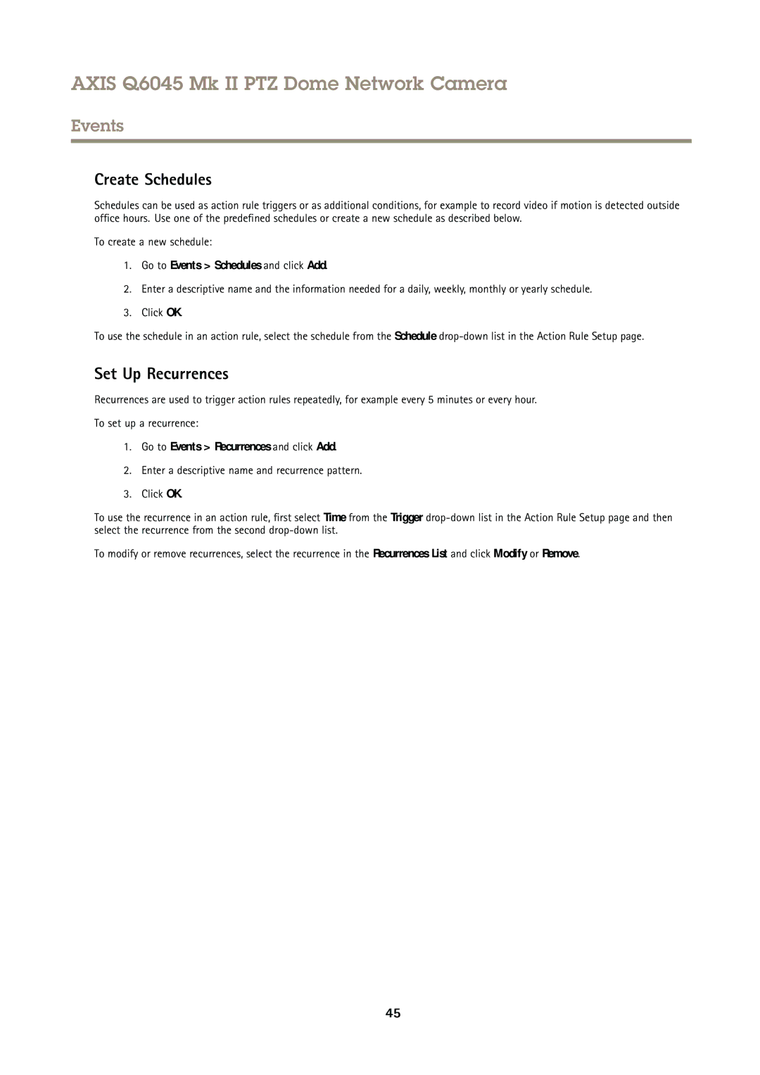 Axis Communications AXIS Q6045 Mk II PTZ user manual Create Schedules, Set Up Recurrences, To create a new schedule 