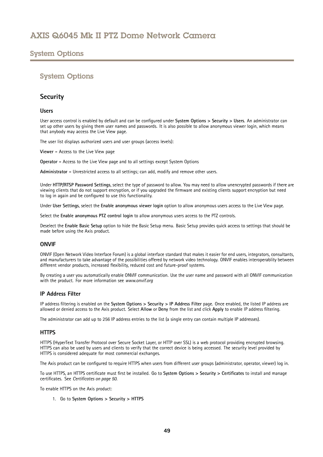 Axis Communications AXIS Q6045 Mk II PTZ user manual System Options, Security, Users, IP Address Filter 