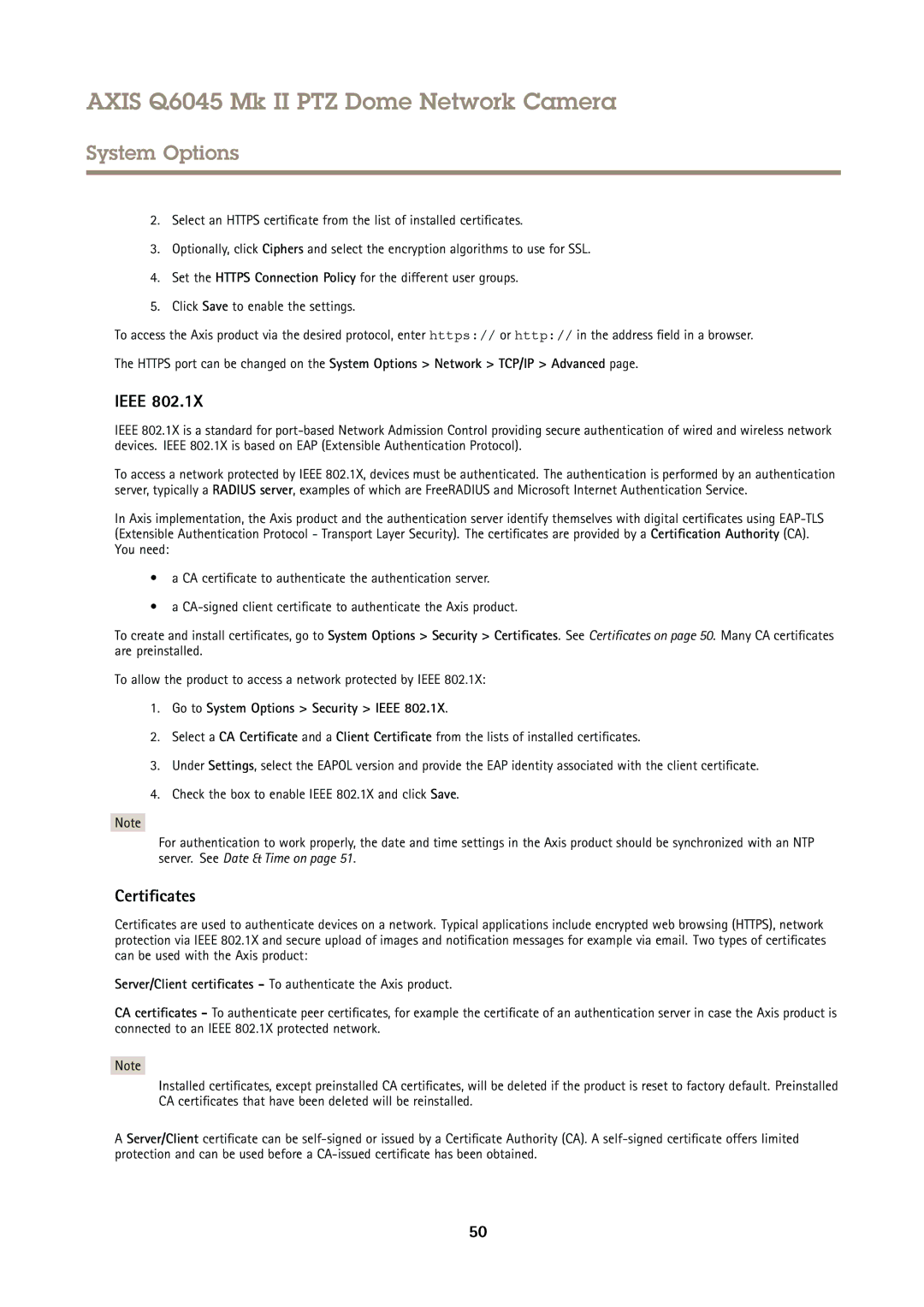 Axis Communications AXIS Q6045 Mk II PTZ user manual Certificates, Go to System Options Security Ieee 