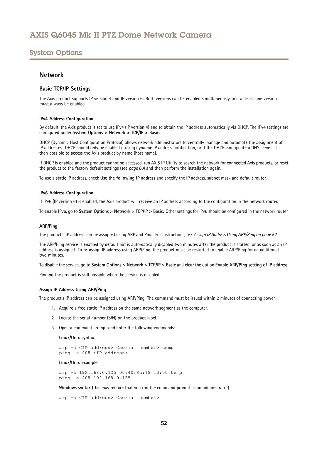 Axis Communications AXIS Q6045 Mk II PTZ user manual Network, Basic TCP/IP Settings 