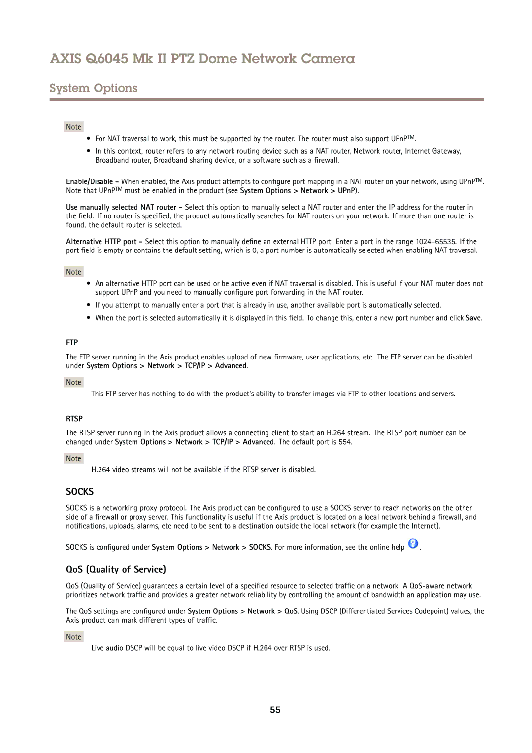 Axis Communications AXIS Q6045 Mk II PTZ user manual QoS Quality of Service, Ftp 