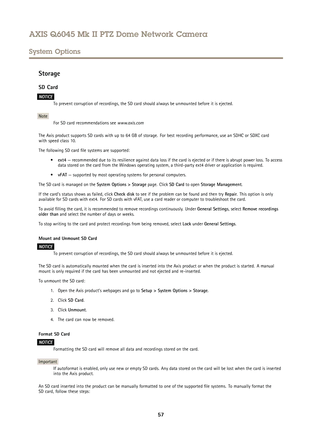 Axis Communications AXIS Q6045 Mk II PTZ user manual Storage, Mount and Unmount SD Card, Format SD Card 