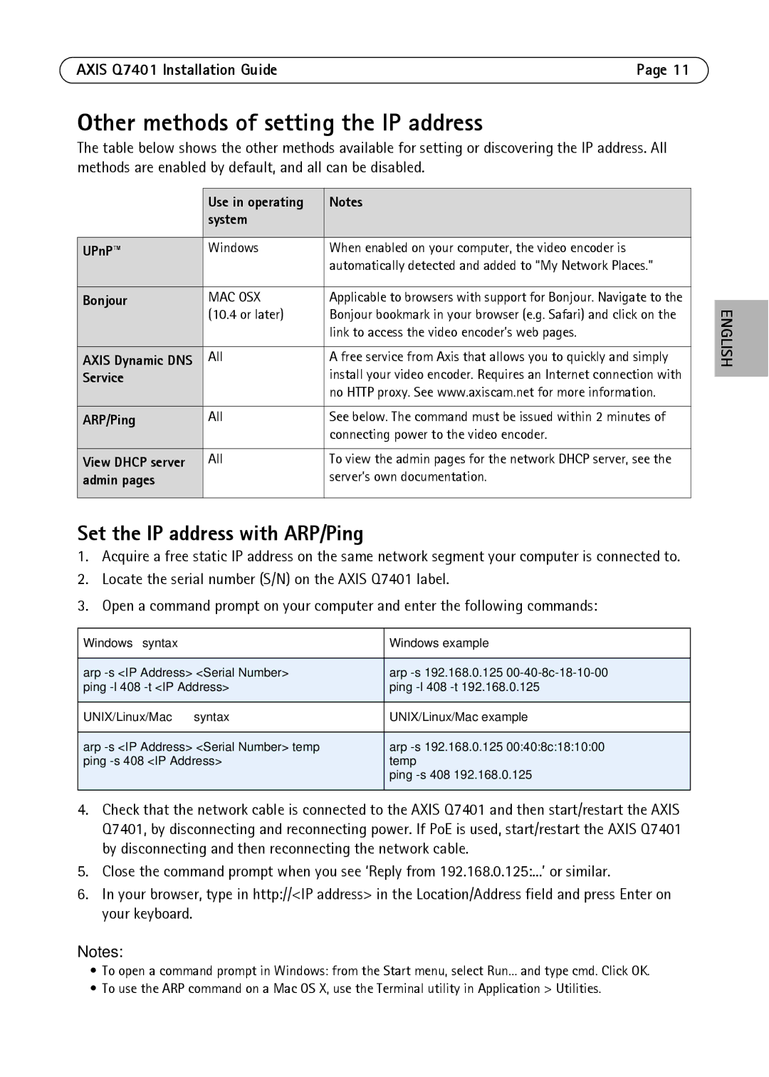 Axis Communications AXIS Q7401 manual Other methods of setting the IP address, Set the IP address with ARP/Ping 