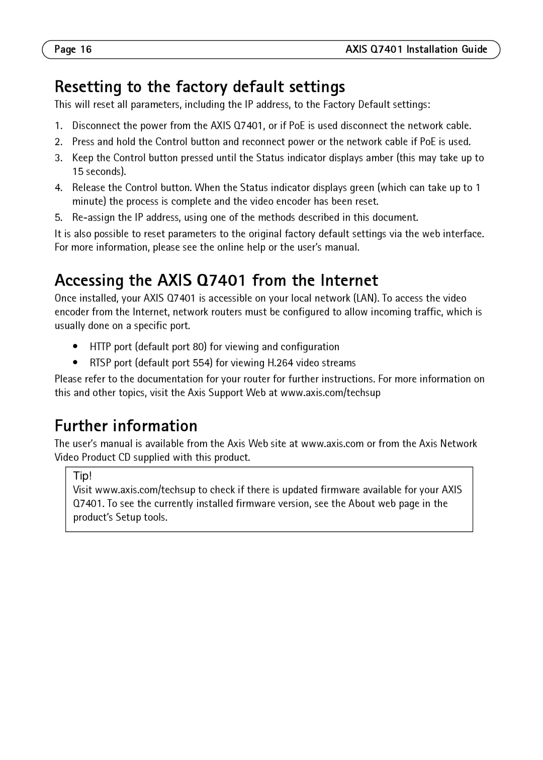 Axis Communications AXIS Q7401 manual Resetting to the factory default settings, Accessing the Axis Q7401 from the Internet 