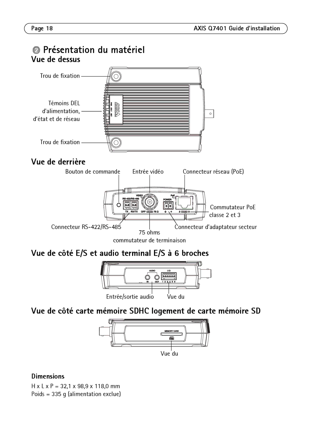 Axis Communications AXIS Q7401 manual Présentation du matériel, Vue de dessus, Vue de derrière 