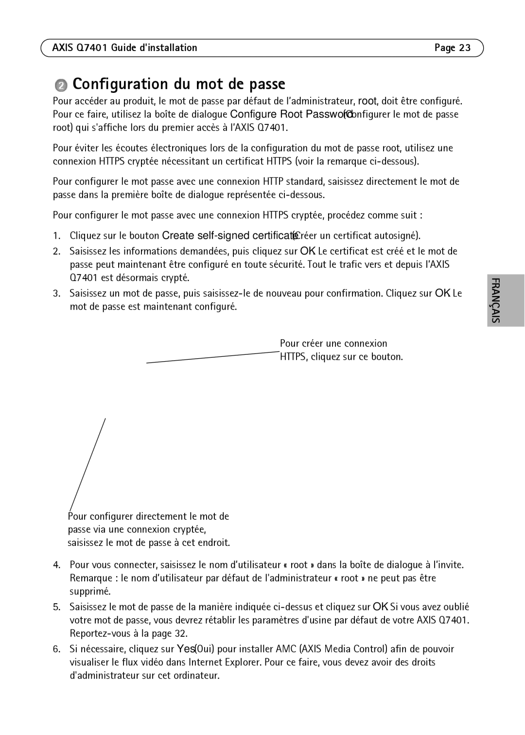 Axis Communications AXIS Q7401 manual Configuration du mot de passe 