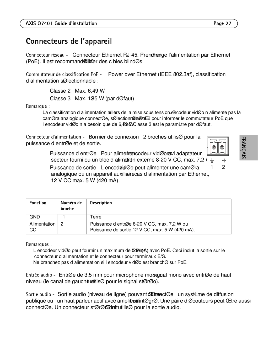 Axis Communications AXIS Q7401 manual Connecteurs de l’appareil, Fonction, Description Broche 