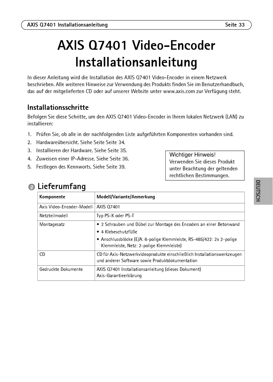 Axis Communications AXIS Q7401 manual Lieferumfang, Installationsschritte, Komponente Modell/Variante/Anmerkung 