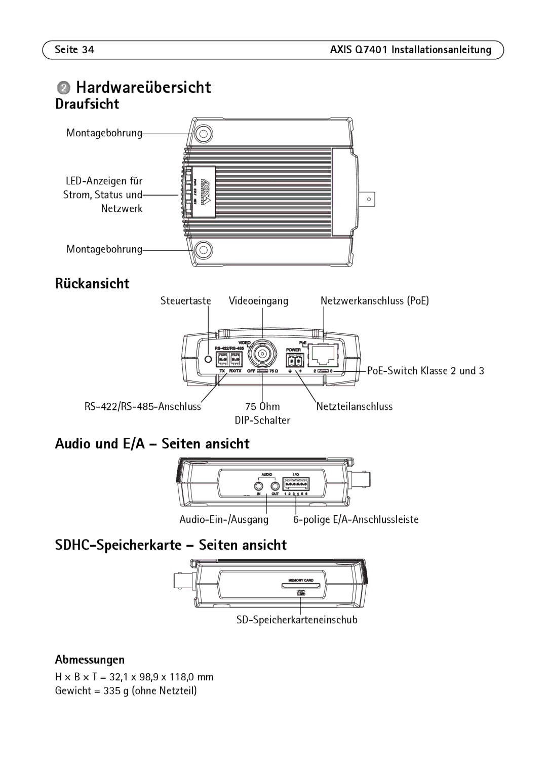 Axis Communications AXIS Q7401 manual Hardwareübersicht, Draufsicht, Rückansicht, Audio und E/A Seiten ansicht 