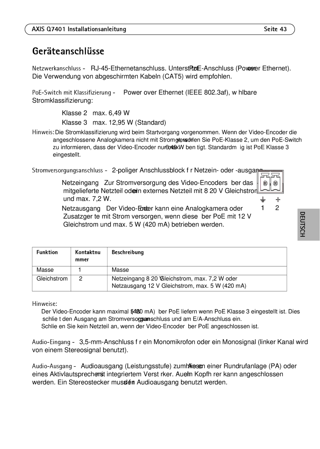 Axis Communications AXIS Q7401 manual Geräteanschlüsse, Kontaktnu Beschreibung Mmer 