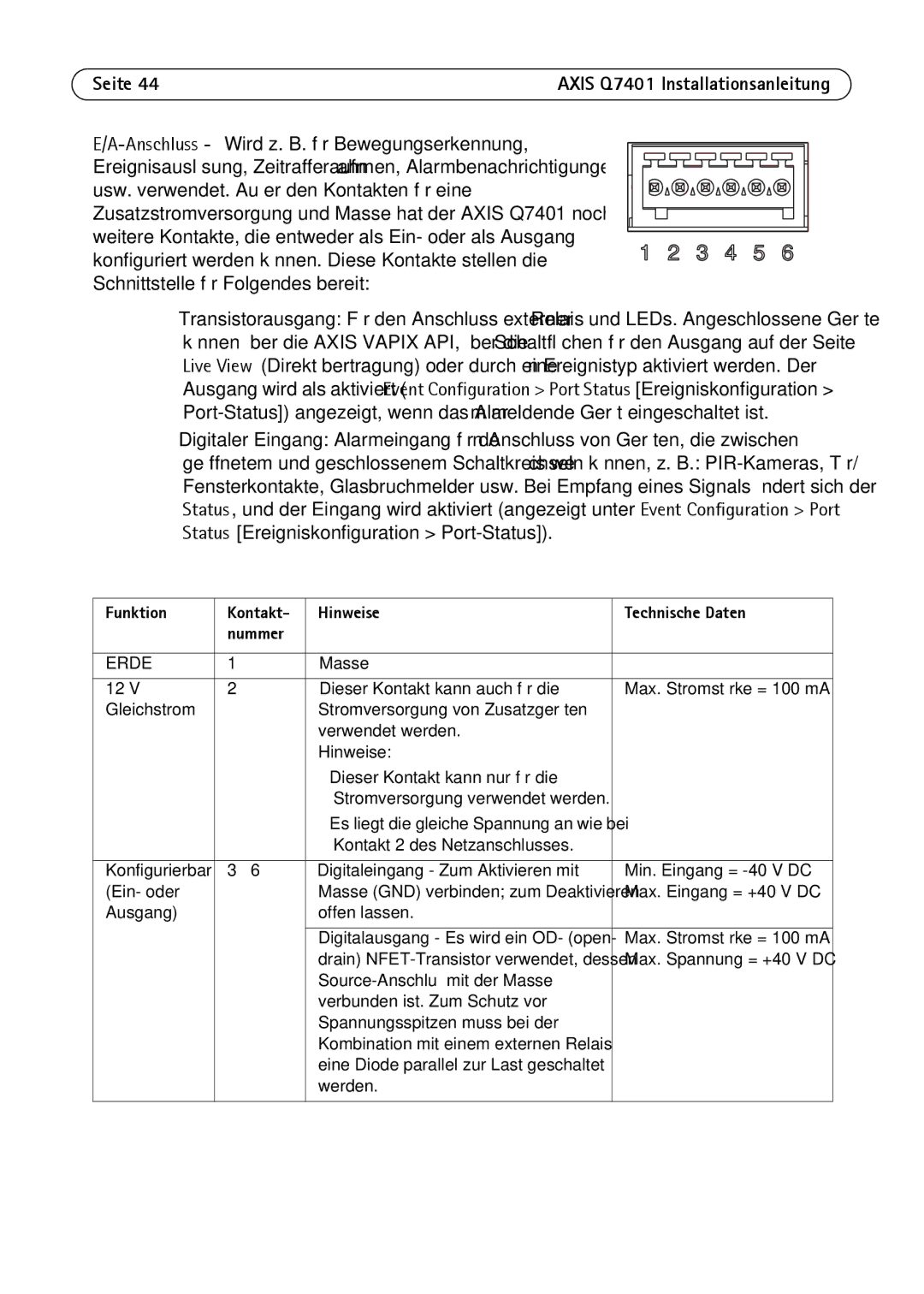 Axis Communications AXIS Q7401 manual Funktion Kontakt Hinweise Technische Daten Nummer, Erde 